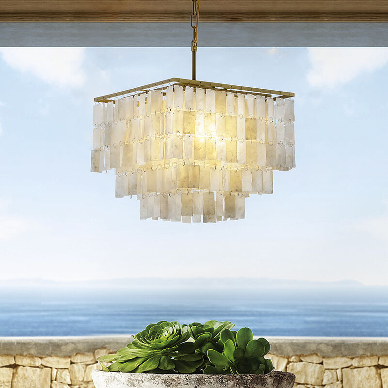 3-Light Unique/Statement Square Coastal Natural Capiz Shell Tiered Chandelier image number 1