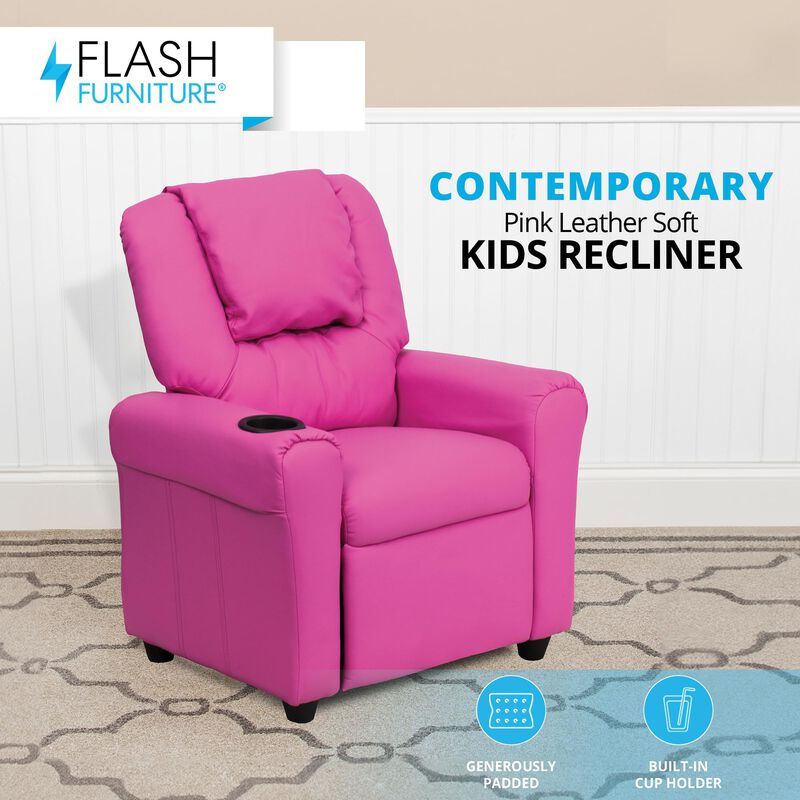 Flash Furniture Vana Vinyl Kids Recliner with Cup Holder, Headrest, and Safety Recline, Contemporary Reclining Chair for Kids, Supports up to 90 lbs., Hot Pink image number 2