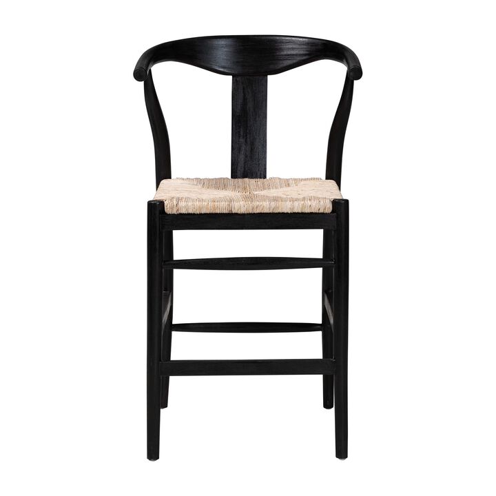 bali & pari Fika Wishbone Counter Stool with Handwoven Seagrass Seat - Mahogany Wood Frame Counter Height Seating for Kitchen Island or Dining Area, Black