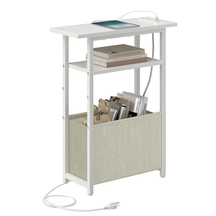 sthmec Narrow Side Table with Charging Station, Small End Table for Small Spaces, Skinny Nightstands with Storage Basket, 3 Tier