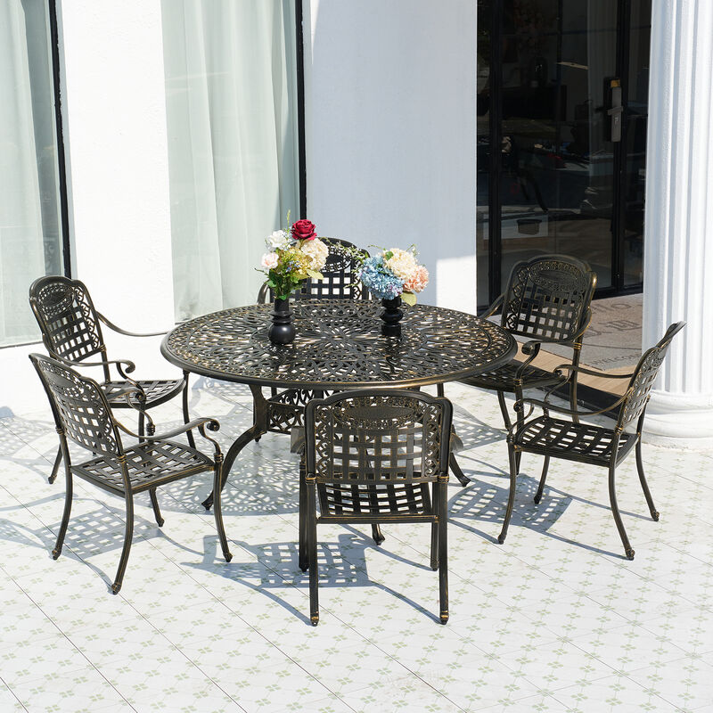 MONDAWE 7-Piece Cast Aluminium Patio Dining Set Aluminum Round Table with 6 Stationary Chairs