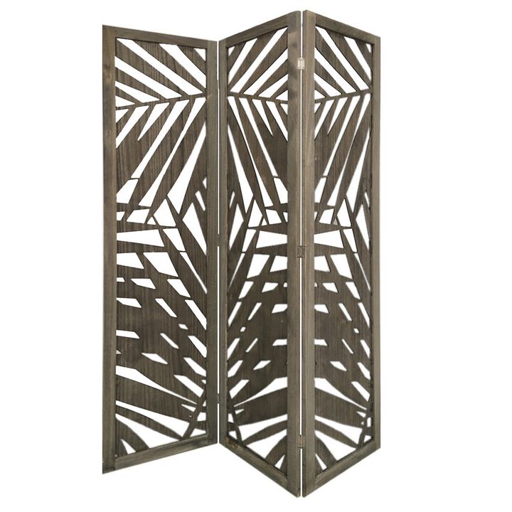 3 Panel Wooden Screen with Laser Cut Tropical Leaf Design, Gray-Benzara