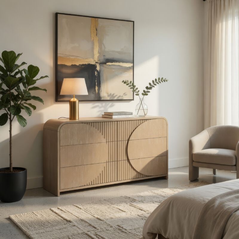 Tanya Wide Dresser, 4 Drawers, Retro Reeded Panels, Natural Brown Wood image number 1