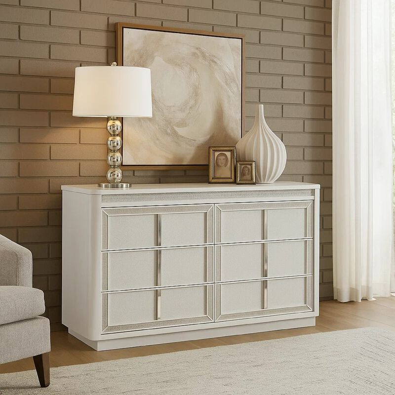 Canaal Wide Dresser, 6 Drawer, White Solid Wood, 64 Inch, LED Light image number 6