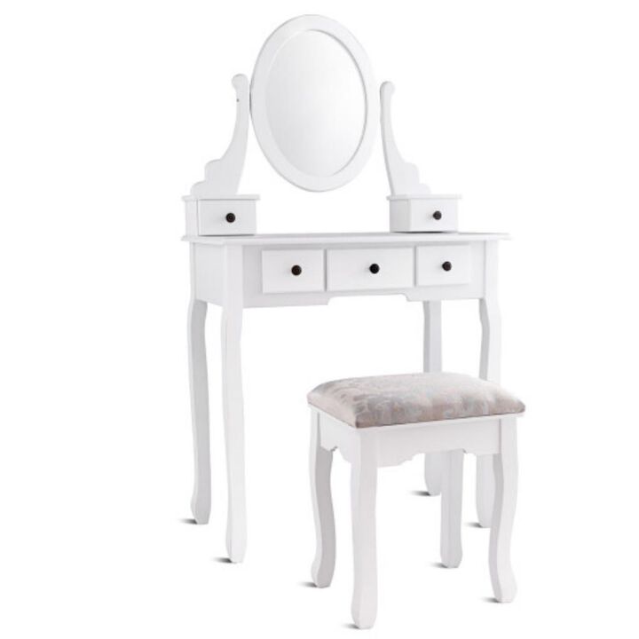 Dressing Table Set with Oval Mirror Stool and 5 Storage Drawers