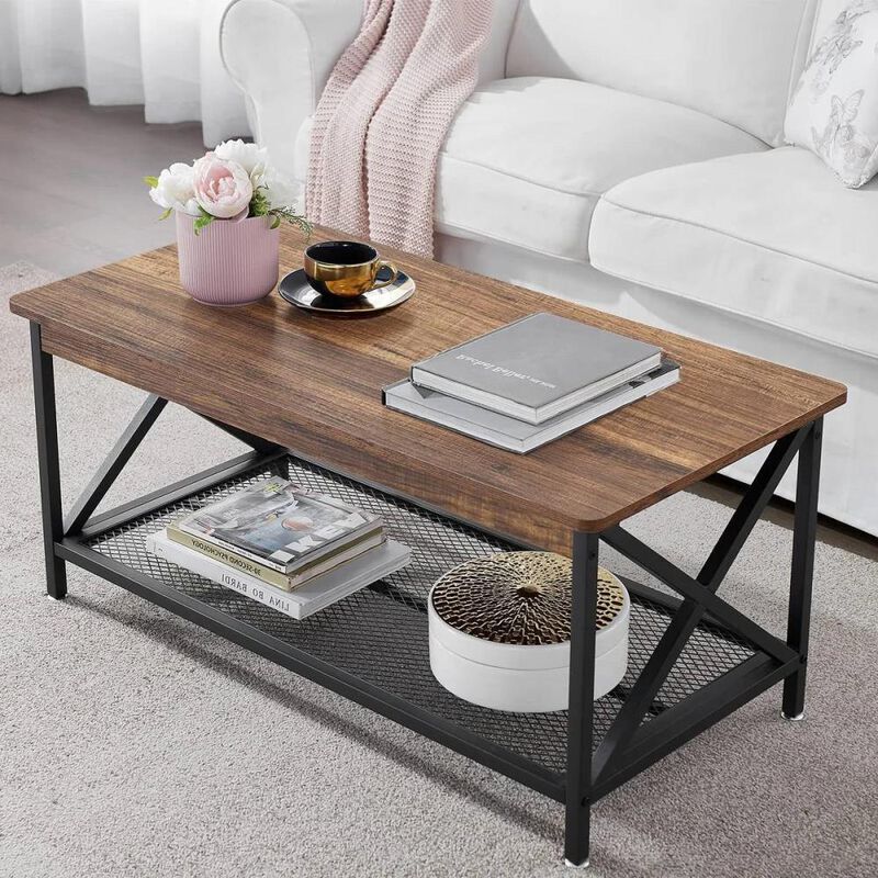 Hivvago Modern Classic Metal Wood Coffee Table with Bottom Storage Shelf