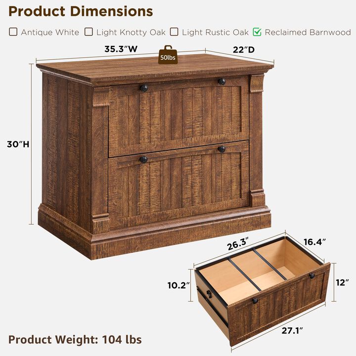 Rustic 2-Drawer Lateral File Cabinet, Wood Grain, Hanging Rails 35.3"