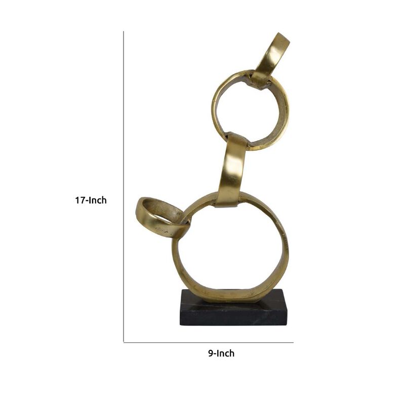 Lo Abstract Interlinked Ring Sculpture, Solid Black Base, Gold Metal - Benzara