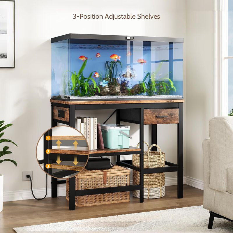 40-50 Gallon Fish Tank Stand with Power Outlet, Aquarium Stand with 3-Tier Adjustable Storage Shelves, Fish Stand with Storage Drawers Up to 480LBS image number 4