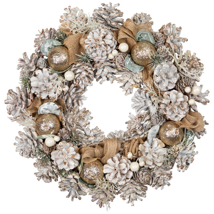 Green Pine and Burlap Bows Artificial Glitter Christmas Wreath  13.75-Inch  Unlit