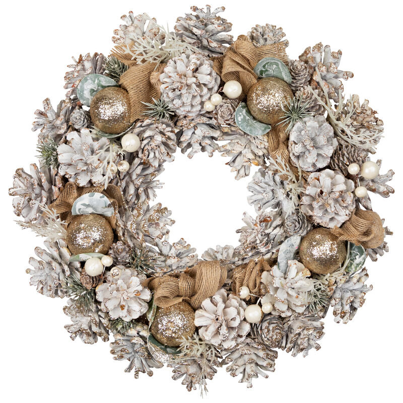 Green Pine and Burlap Bows Artificial Glitter Christmas Wreath  13.75-Inch  Unlit image number 0