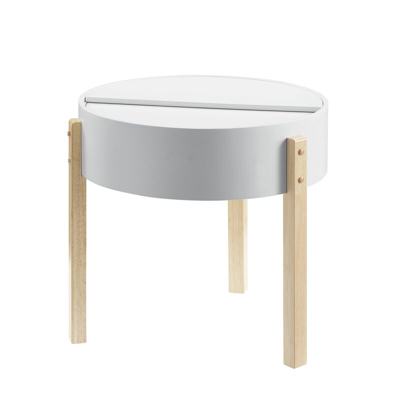 Round Wooden End Table with Hidden Storage, White and Brown-Benzara image number 3