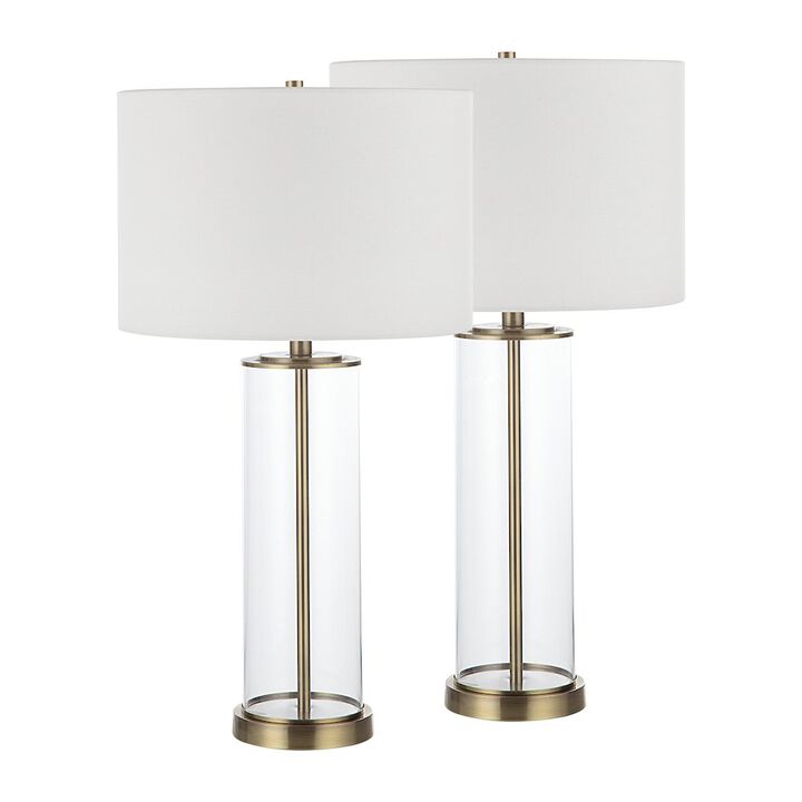 Renwil Saco 28 Tall Satin Brass Glass Table Lamp With Drum Linen Shade (Set Of 2)