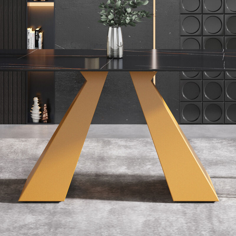70.87" modern artificial stone black straight edge golden metal leg dining table-can accommodate 6-8 people