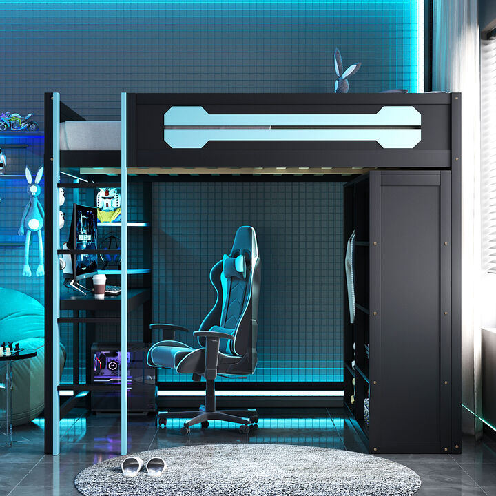 Merax Full Size Gaming Loft Bed with Desk, Wardrobe & RGB Lights