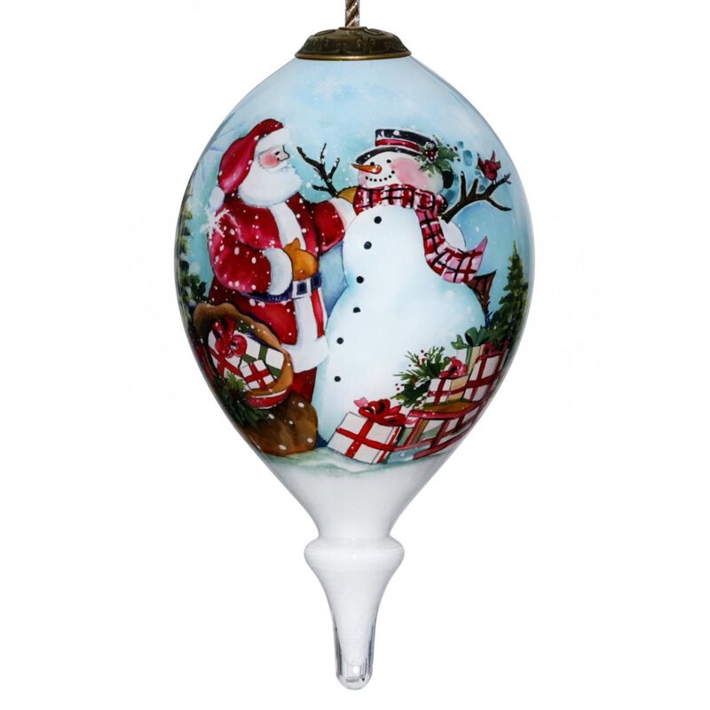HomeRoots  Christmas Santa & Snowman Hand Painted Mouth Blown Glass Ornament Multi Color