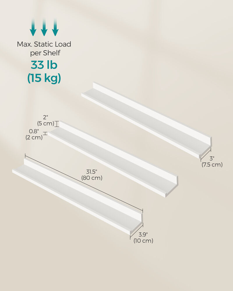 3-Piece Set Floating Wall Shelves - Long Picture Shelving Ledge in White MDF