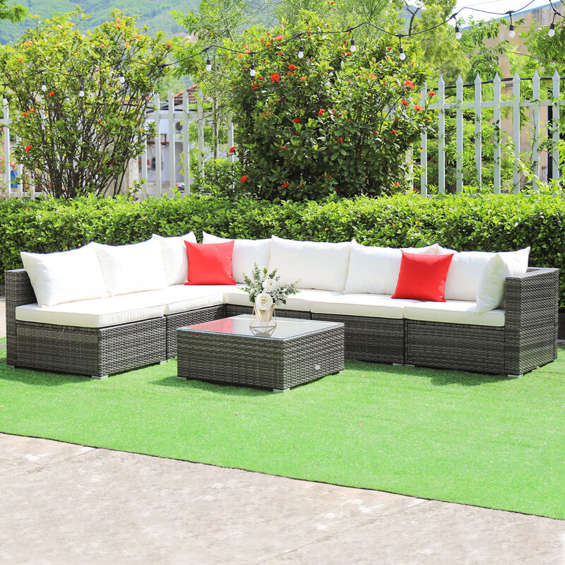 7 Pieces Patio Rattan Furniture Set with Sectional Sofa Cushioned image number 1