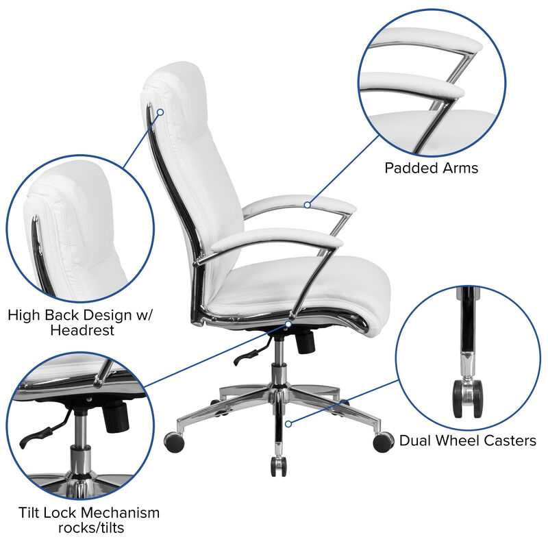 Rebecca High Back Designer White LeatherSoft Smooth Upholstered Executive Swivel Office Chair with Chrome Base and Arms image number 2