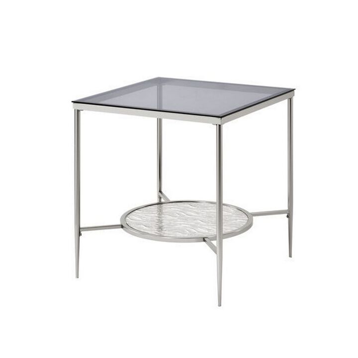 End Table with Textured Round Shelf, Silver-Benzara