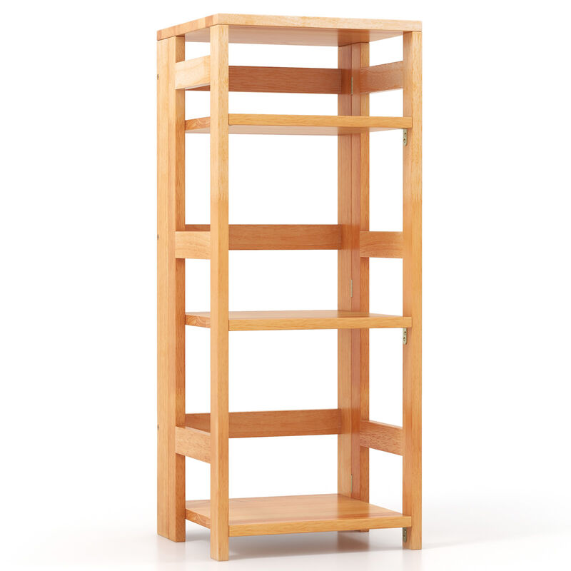 4-Tier Bookshelf Rubber Wood Bookcase with Side Fences for Living Room