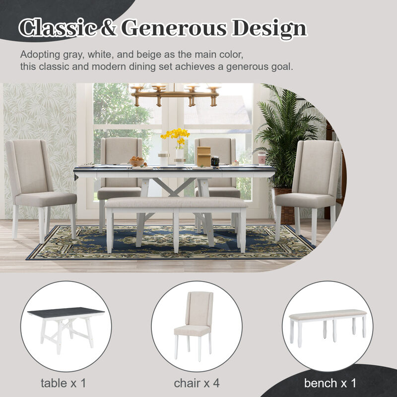6-Piece Classic Dining Table Set, Rectangular Extendable Dining Table with two 12" W Removable Leaves and 4 Upholstered Chairs & 1 Bench for Dining Room (Gray+White)