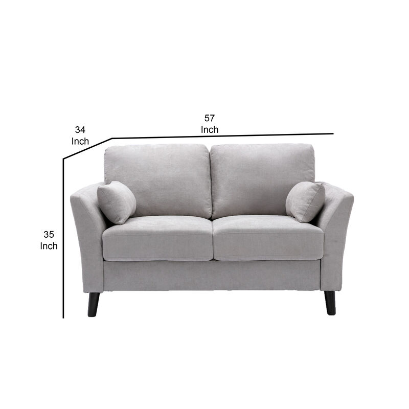 Otto 57 Inch Loveseat, Throw Pillows, Padded Cushions, Gray Velvet Fabric