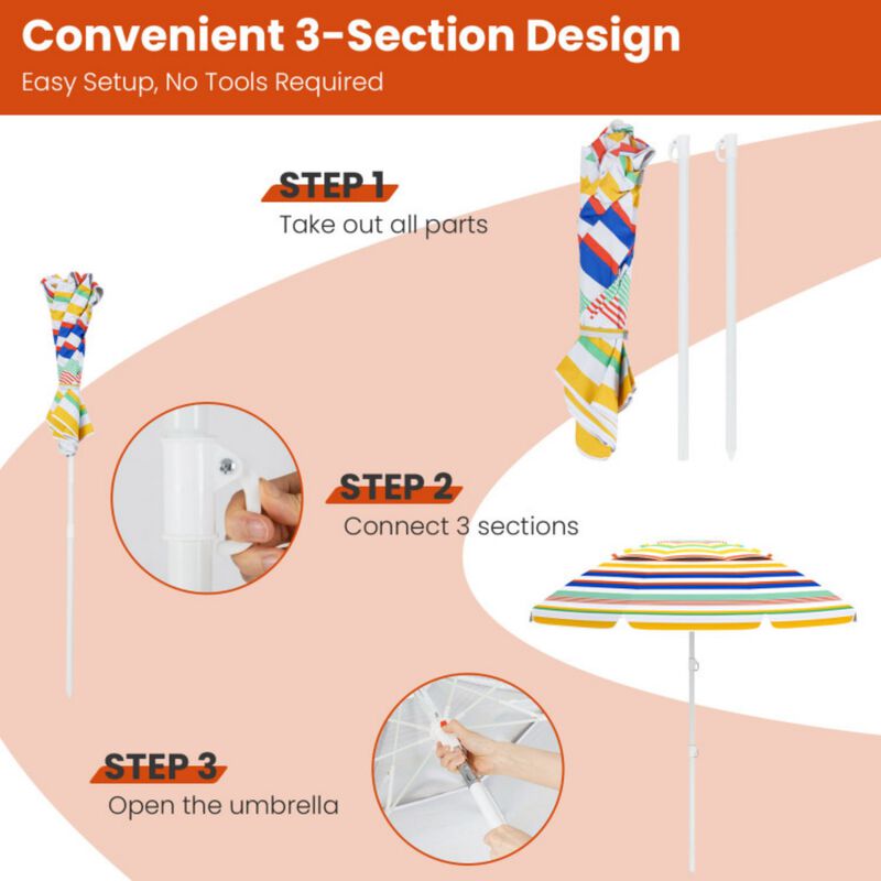 6.5 Feet Beach Umbrella with UPF 50+ Sun Protection and Push Button Tilt-Colorful image number 4