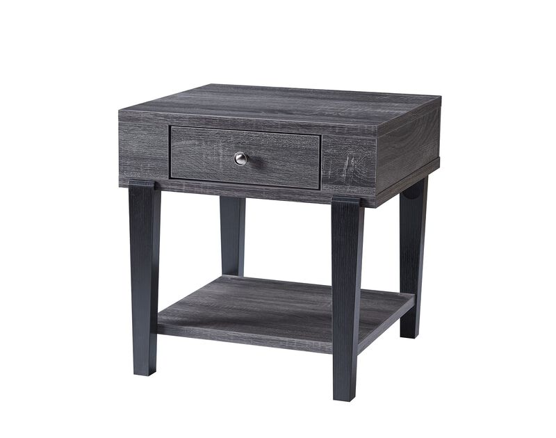Distressed Grey & Black End Table with 2 Tier Display & Drawer image number 1