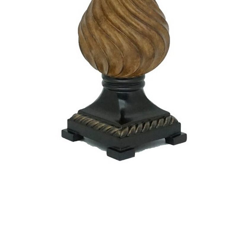 29 Inch Table Lamp, Traditional Round Beige Fabric Shade, Brown Plinth Base - Benzara image number 3