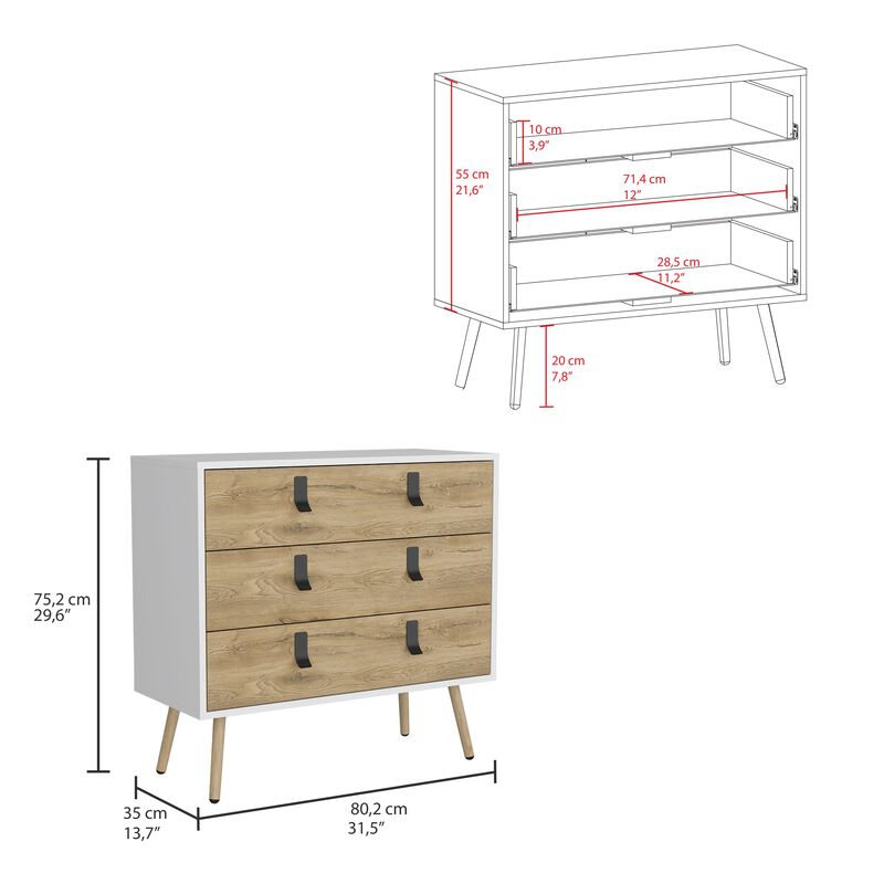Huna Dresser, Modern 3-Drawer Unit with Handles-White / Macadamia