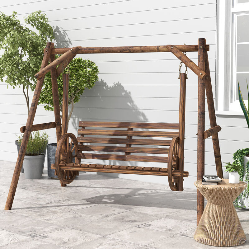 Outsunny 2-Seat Porch Swing with A-Frame Stand, Wooden Log Patio Swing Chair Bench with Wagon Shaped Armrests for Garden, Poolside, Backyard, Carbonized Brown
