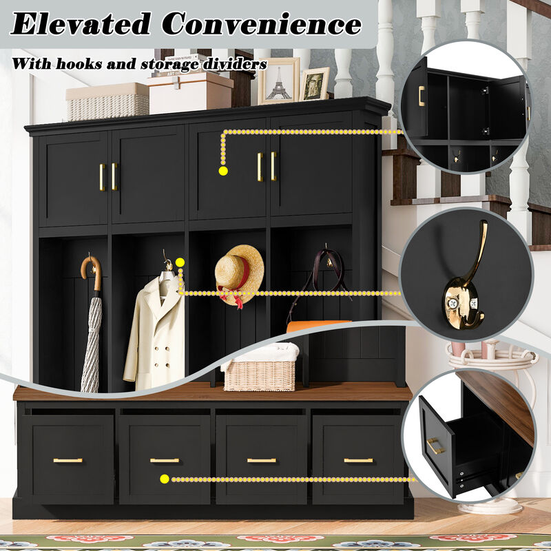 Merax All-in-One Entryway Hall Tree with Hanging Hooks, Upper Cabinet, 3 Drawers & Seating Bench image number 5