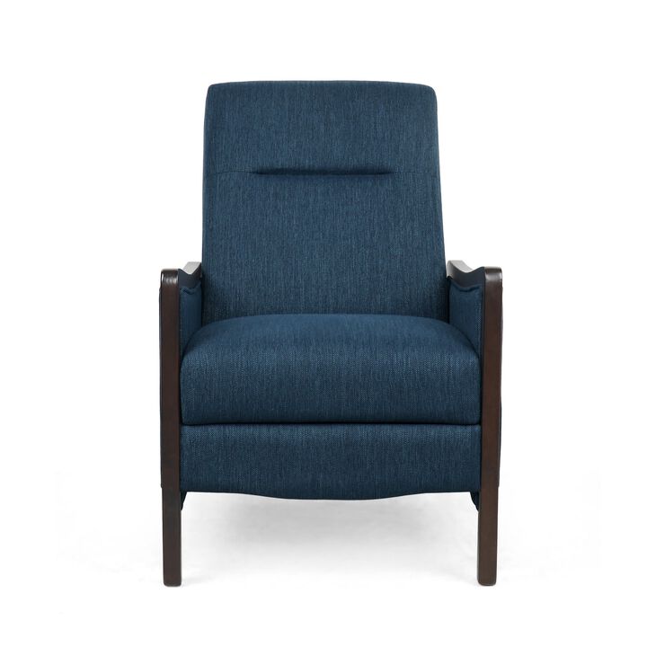 Reina Push Back Recliner Chair, Brown Birch Wood, Navy Blue Fabric - Benzara
