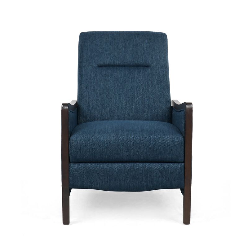 Reina Push Back Recliner Chair, Brown Birch Wood, Navy Blue Fabric - Benzara