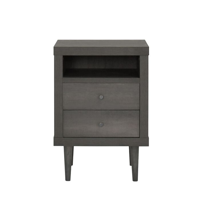Minie Nightstand with 2 Drawers, Shelf, Rubberwood Legs, Dark Gray - Benzara