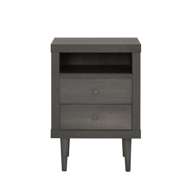 Minie Nightstand with 2 Drawers, Shelf, Rubberwood Legs, Dark Gray - Benzara