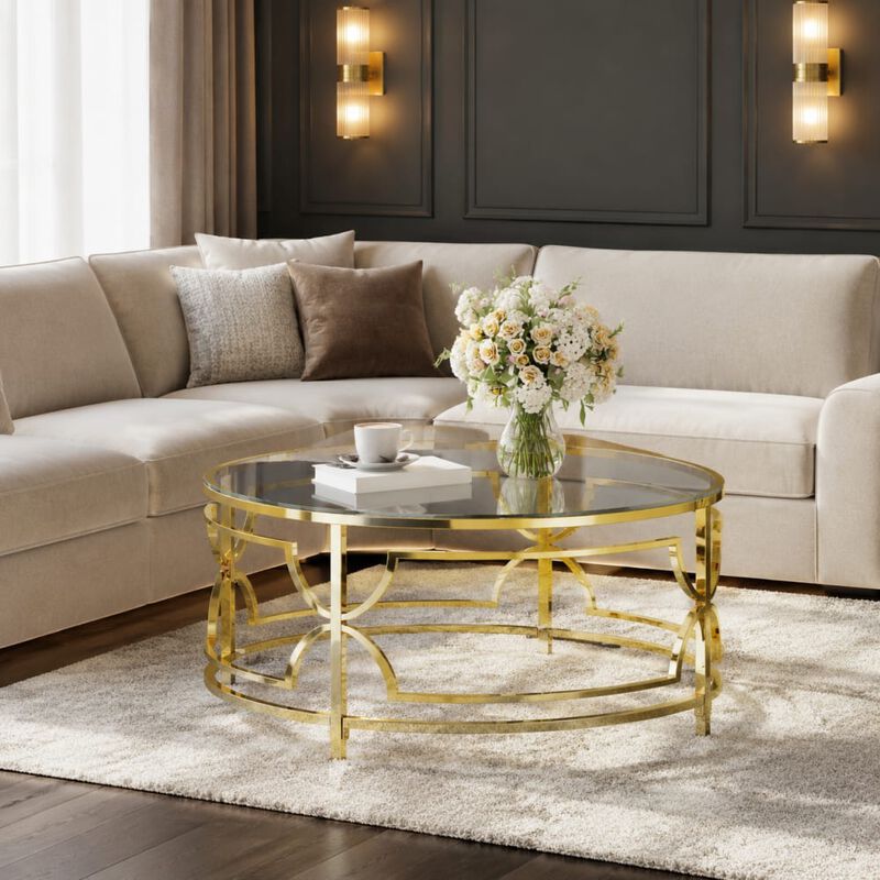 GOODSILO Round Tempered Glass Coffee Table with Geometric Metal Frame, Lower Shelf for Living Rooms and Small Modern Spaces image number 3
