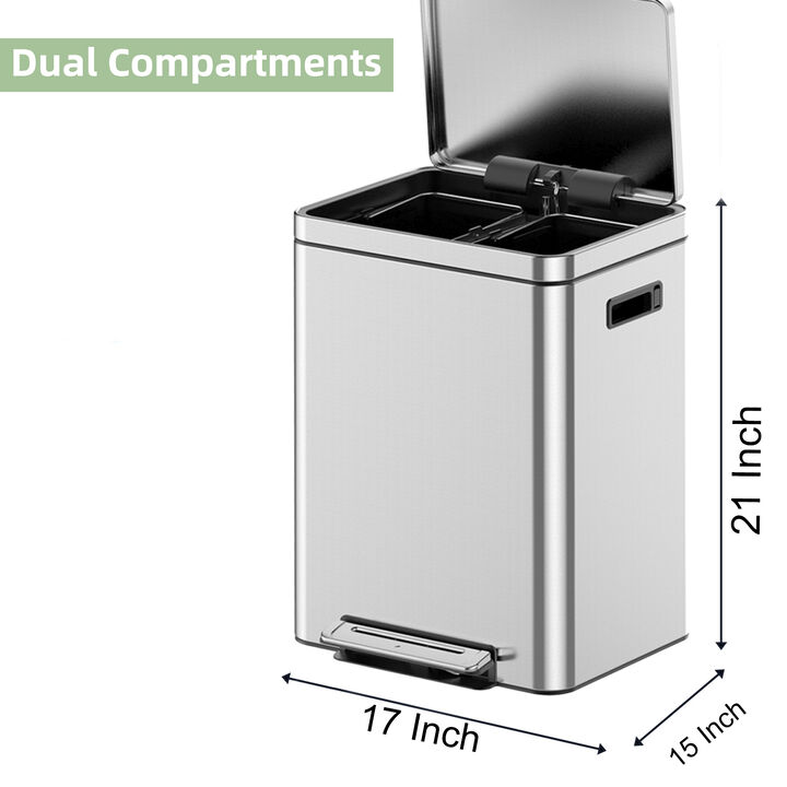 Stainless Steel Dual Compartment Trash Can, Step Pedal, Soft Close Lid, 2 Removable Buckets, Fingerprint Resistant, Waste Sorting Bin for Kitchen & Office