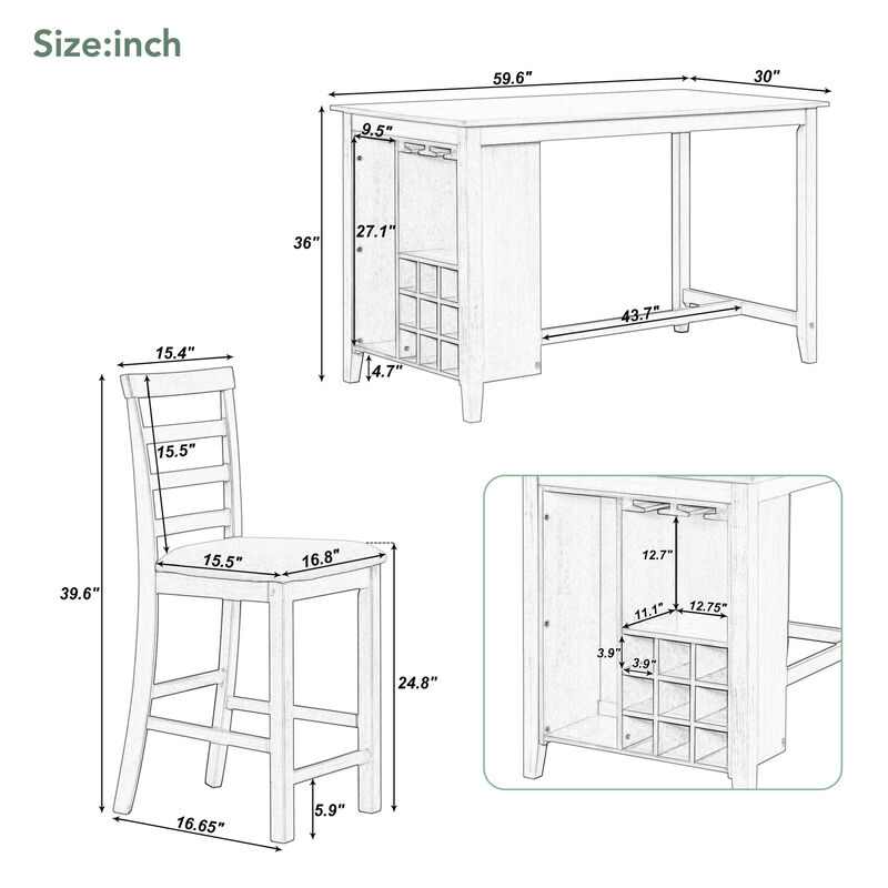 Whisen 5-Piece Multi-Functional Rubber Wood Counter Height Dining Set with 4 Padded Chairs - Brown&White Wash