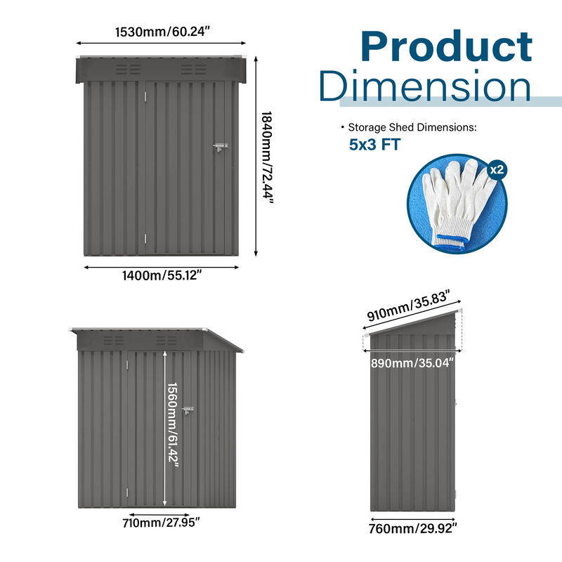 5X3 FT Metal Outdoor Storage Shed with Pitched Roof and Lockable Door image number 3