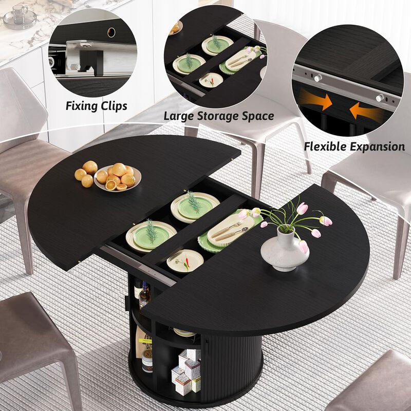 Vipbear 43" to 59" Extendable Round Dining Table, Solid Wood Top with Storage Cabinet, Kitchen image number 4