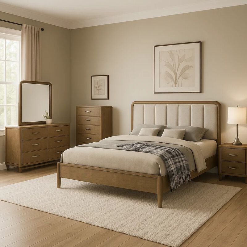 Deon 5 Piece Queen Bedroom Set, Upholstered Headboard, Brown Hardwood