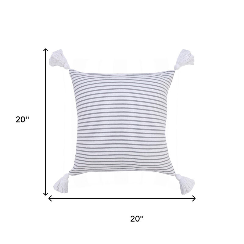 HomeRoots 20" Gray And White Striped Cotton Throw Pillow Cover with Tassels image number 5