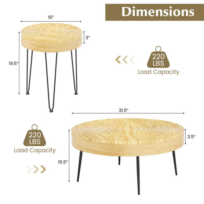 Hivvago Set of 2 Solid Wood Ring Pattern Farmhouse Round Coffee Tables