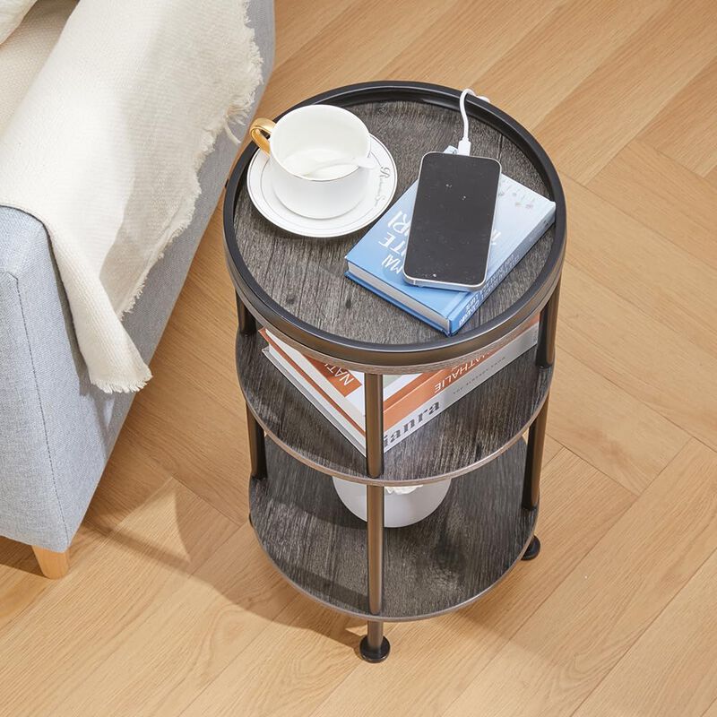 Small Round Side Table with Charging Station for Small Spaces, 3-Tier Round Accent Table with USB Ports & Power Outlets, Round C