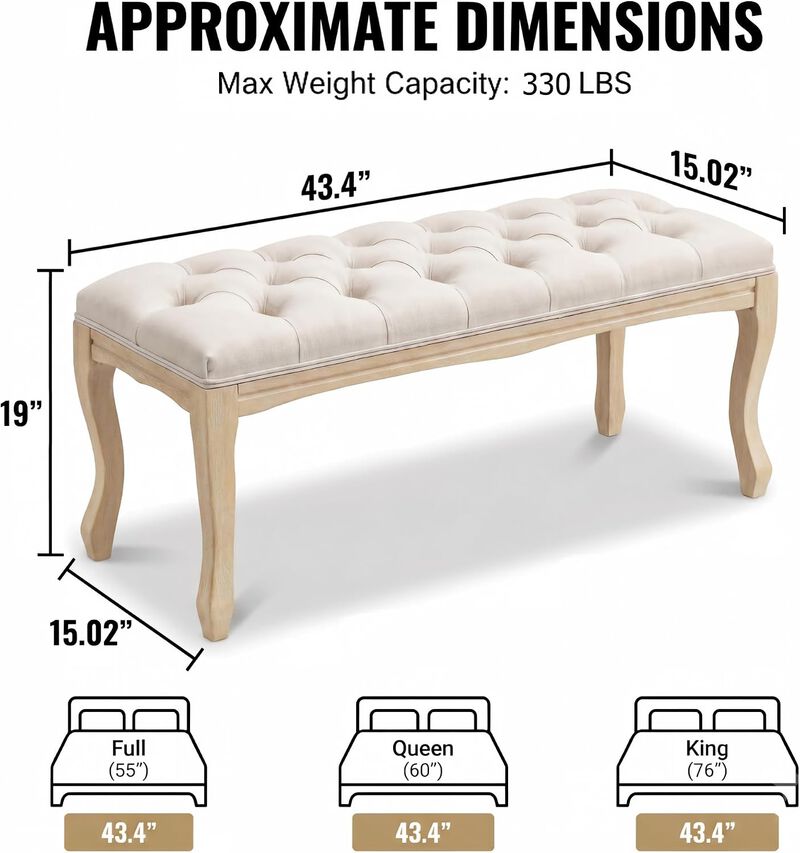 Envelor French Vintage Tufted Linen Upholstered Bench, 43.3 in. image number 4