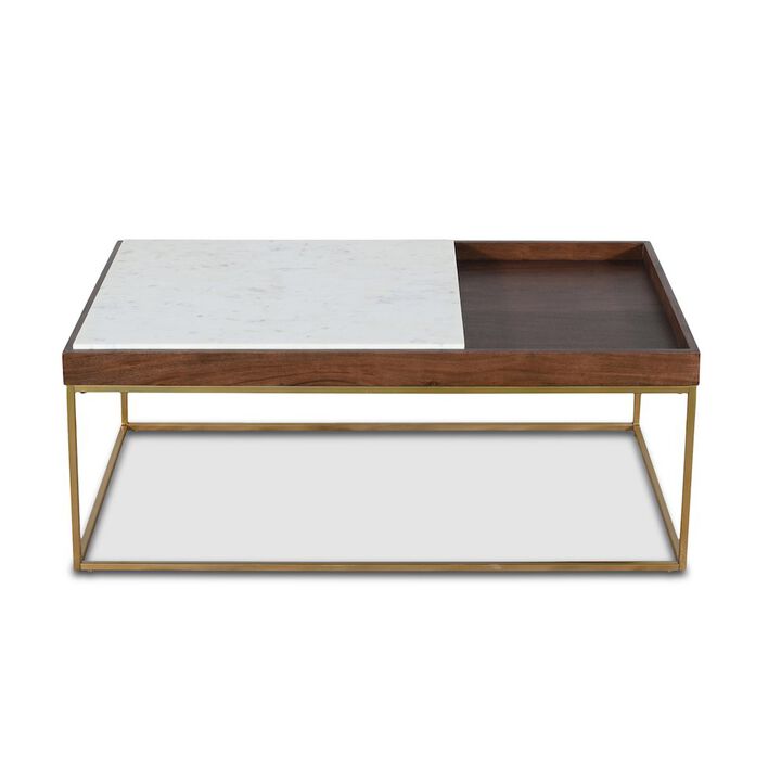 World Interiors Aurora 45" Coffee Table in White Marble and Mango Wood with Walnut Finish