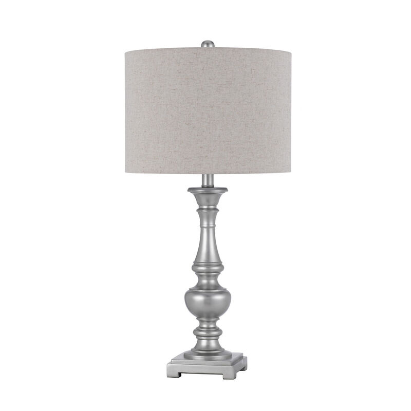 28 Inch Table Lamp, Set of 2, Beige Fabric Shade, Silver Carved Frame-Benzara image number 2