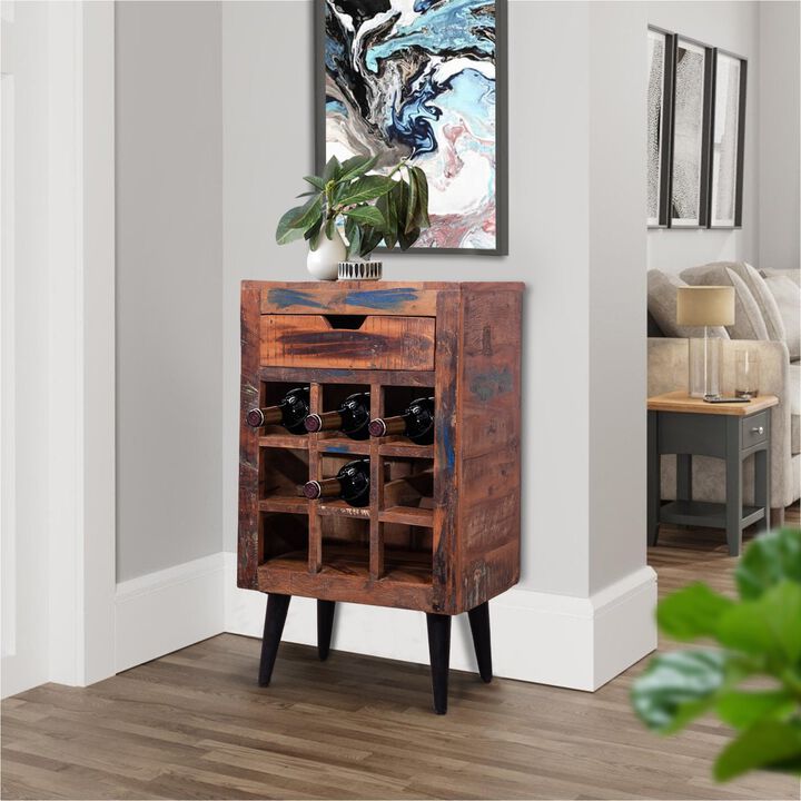 9 Bottle Storage Wine Rack Cabinet with 1 Drawer and Angled Metal Legs, Brown